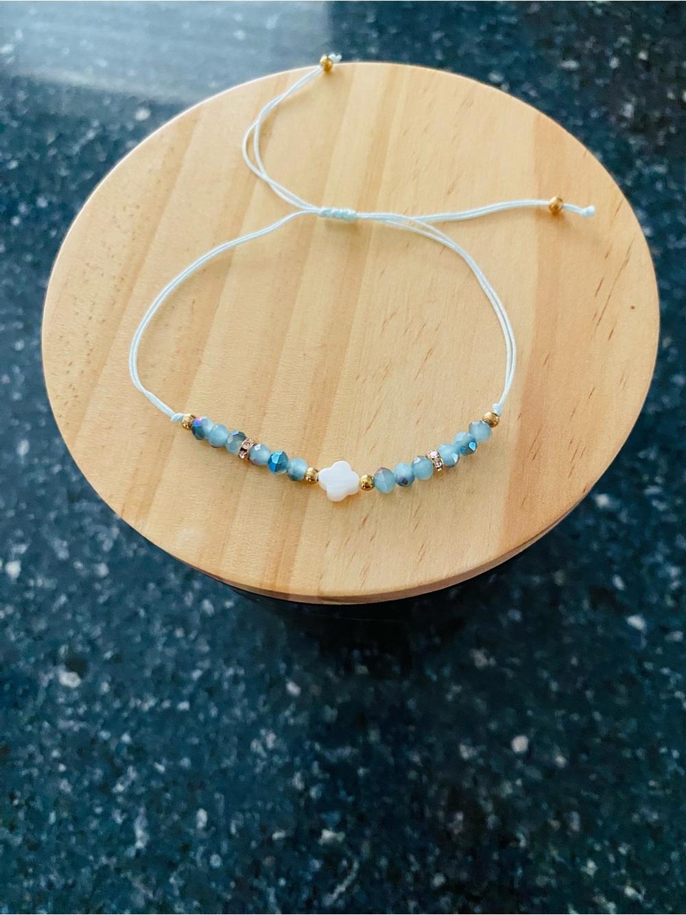 Delicate Blue Bead and White Clover Bracelet